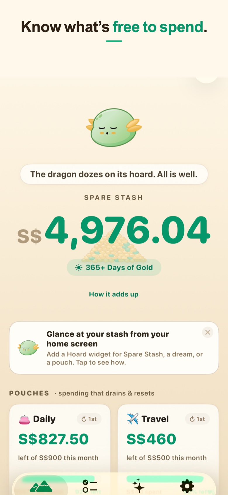 The Cave home screen: Spare Stash of S$4,976.04, 365+ Days of Gold, and the Daily and Travel spending pouches