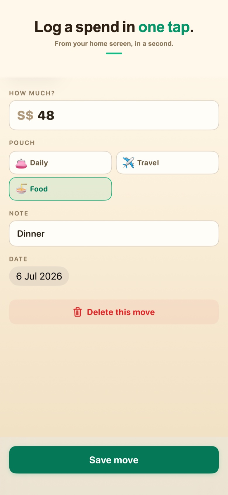 The quick log screen: S$48 for dinner from the Food pouch, ready to save