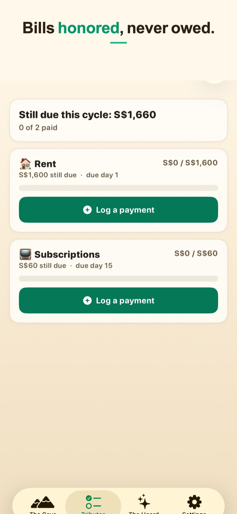 The Tributes screen: S$1,660 still due this cycle, with Rent and Subscriptions waiting to be paid
